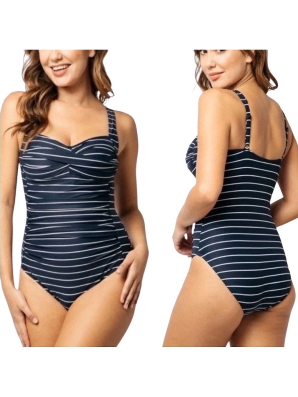 Nip Tuck Joanne Tankini 2 PC Swimsuit Charcoal Stripe Multi Fit Bra 12 NEW